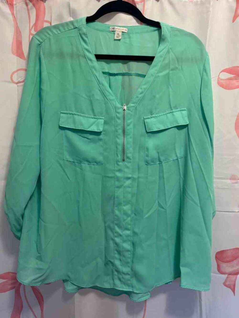 Cato Mint Green Zip Front Roll Tab Sleeve Blouse